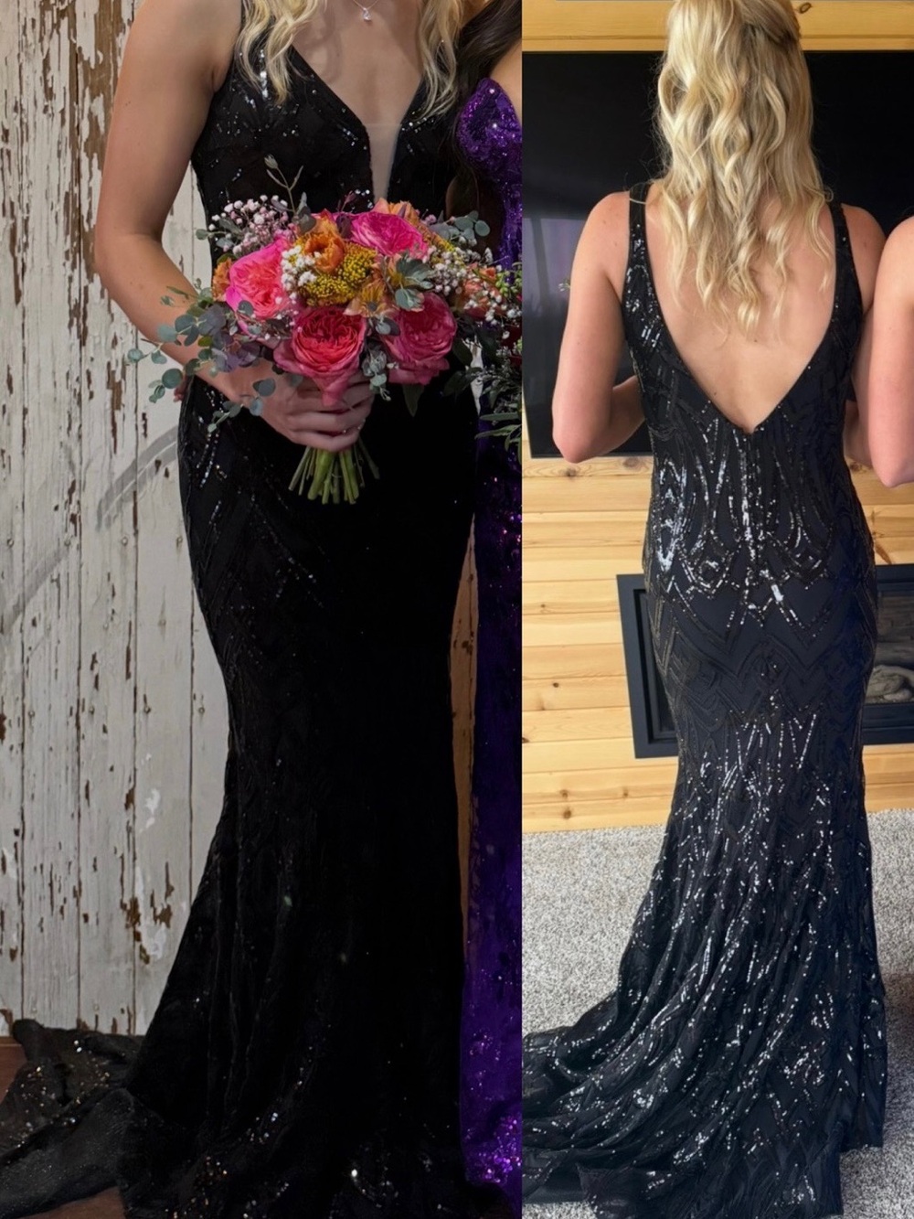 Elegant Black Sequin V-Neck Evening Gown